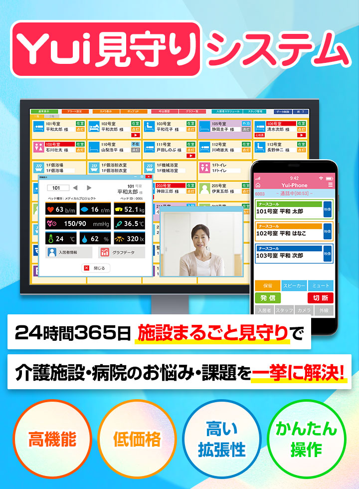 24時間365日、施設まるごと見守りで介護施設・病院のお悩み・課題を一挙に解決するYui見守りシステム